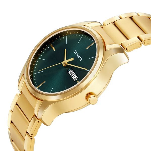 Sonata 77082YM05W Men Quartz Analog Green Dial Stainless Steel Watch