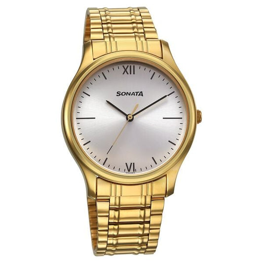 Sonata 77082YM06 Quartz Analog Silver Dial Stainless Steel Strap Watch for Men