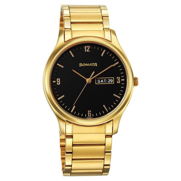 Sonata 77082YM08 Black Dial Day & Date Men's Gold Stainless Steel Analog Watch