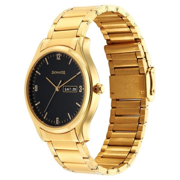 Sonata 77082YM08 Black Dial Day & Date Men's Gold Stainless Steel Analog Watch