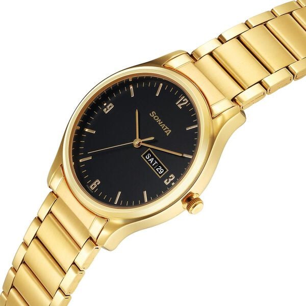 Sonata 77082YM08 Black Dial Day & Date Men's Gold Stainless Steel Analog Watch