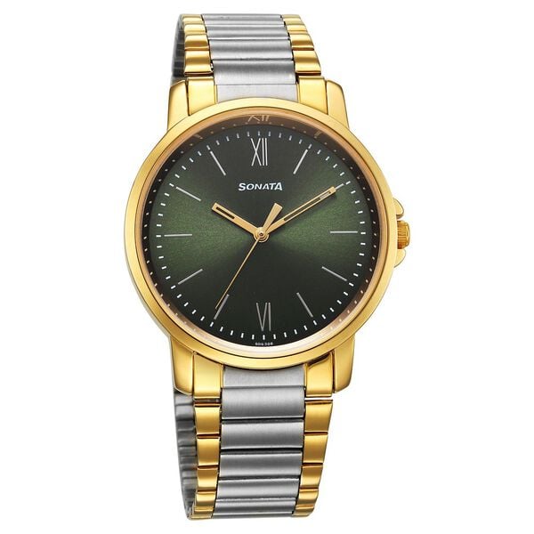 Sonata 77083BM01 Quartz Analog Green Dial Two-Tone Stainless Steel Strap Men's Watch