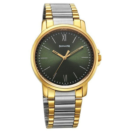 Sonata 77083BM01 Quartz Analog Green Dial Two-Tone Stainless Steel Strap Men's Watch