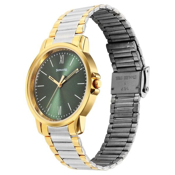 Sonata 77083BM01 Quartz Analog Green Dial Two-Tone Stainless Steel Strap Men's Watch