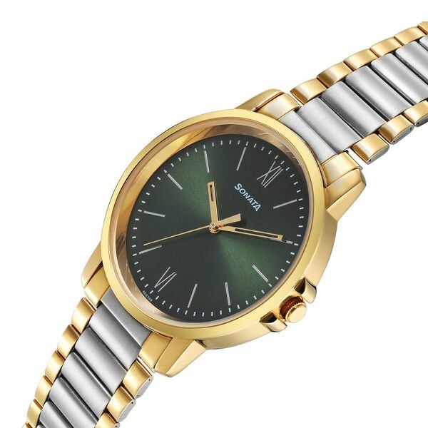 Sonata 77083BM01 Quartz Analog Green Dial Two-Tone Stainless Steel Strap Men's Watch