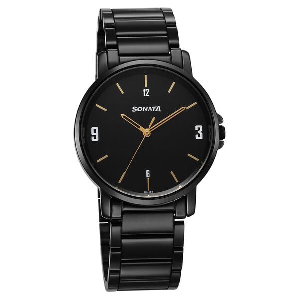 Sonata 77083NM01 Men Quartz Analog Black Dial Stainless Steel Watch