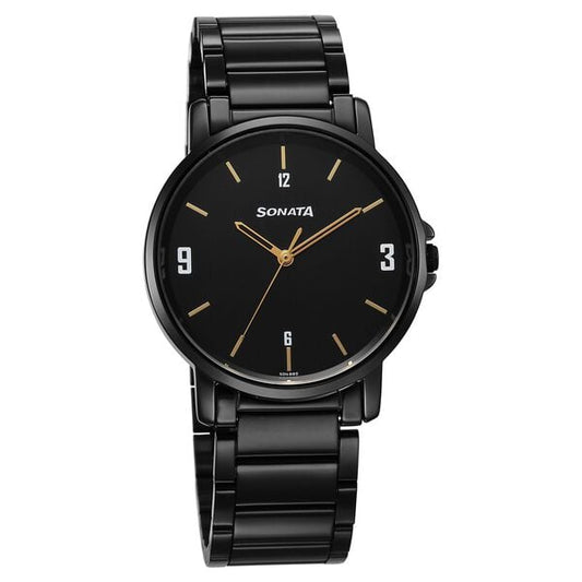 Sonata 77083NM01 Men Quartz Analog Black Dial Stainless Steel Watch