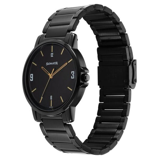 Sonata 77083NM01 Men Quartz Analog Black Dial Stainless Steel Watch