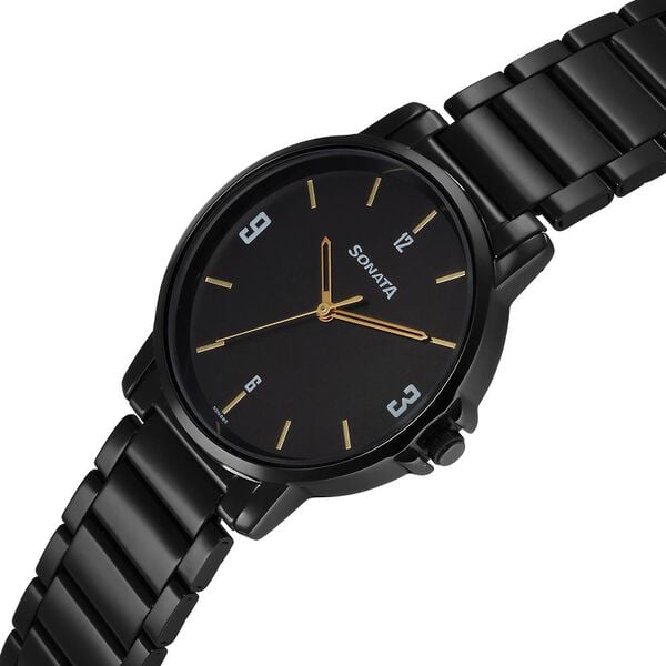 Sonata 77083NM01 Men Quartz Analog Black Dial Stainless Steel Watch