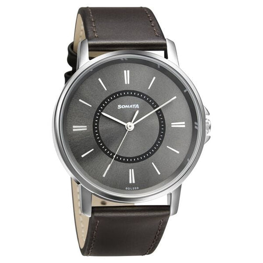 Sonata 77083SL06W Quartz Analog Grey Dial Leather Strap Watch for Men