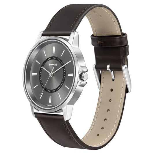 Sonata 77083SL06W Quartz Analog Grey Dial Leather Strap Watch for Men