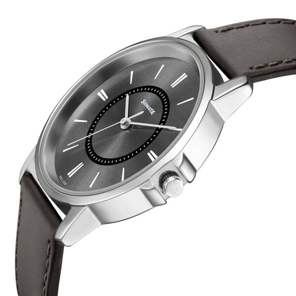 Sonata 77083SL06W Quartz Analog Grey Dial Leather Strap Watch for Men