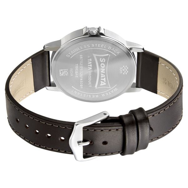 Sonata 77083SL06W Quartz Analog Grey Dial Leather Strap Watch for Men