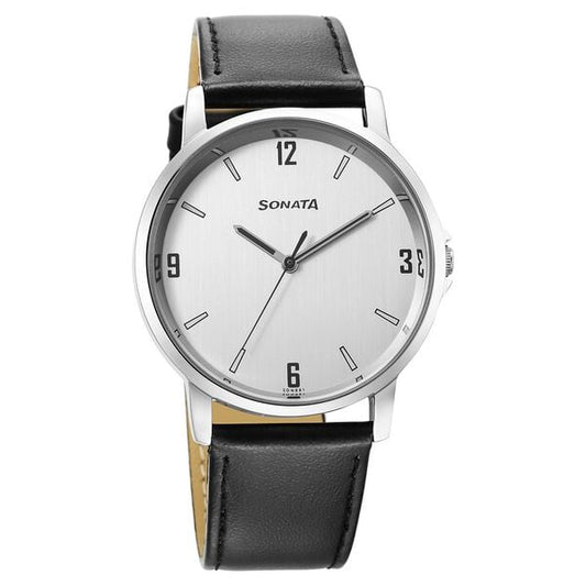 Sonata 77083SL08 Essentials Quartz Analog Silver Dial Black Leather Strap Men's Watch