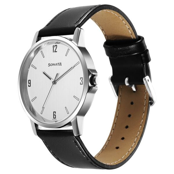 Sonata 77083SL08 Essentials Quartz Analog Silver Dial Black Leather Strap Men's Watch