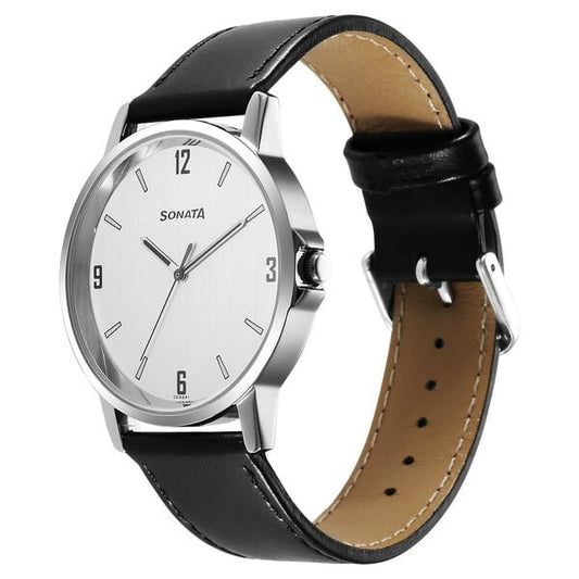 Sonata 77083SL08 Essentials Quartz Analog Silver Dial Black Leather Strap Men's Watch