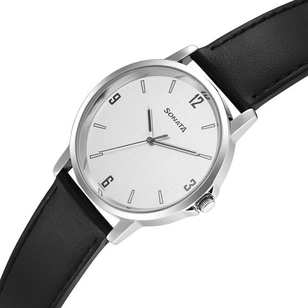 Sonata 77083SL08 Essentials Quartz Analog Silver Dial Black Leather Strap Men's Watch