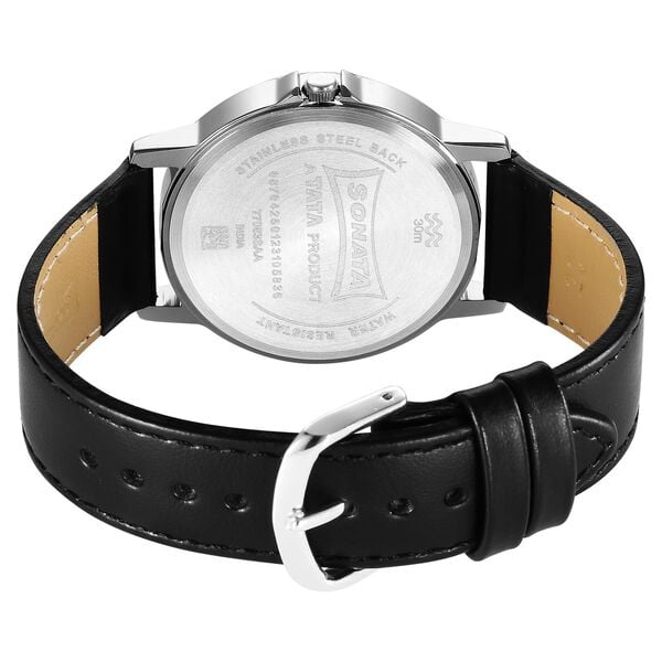 Sonata 77083SL08 Essentials Quartz Analog Silver Dial Black Leather Strap Men's Watch
