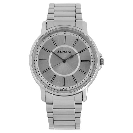 Sonata 77083SM03 Essentials Quartz Analog Silver Dial Stainless Steel Strap Men's Watch