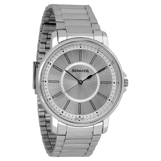 Sonata 77083SM03 Essentials Quartz Analog Silver Dial Stainless Steel Strap Men's Watch