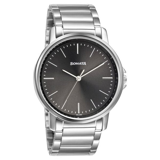 Sonata 77083SM05W Essentials Quartz Analog Grey Dial Stainless Steel Strap Watch for Men