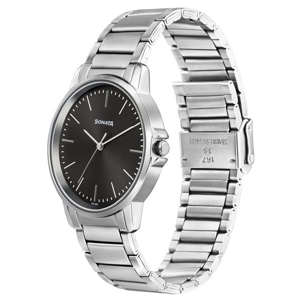 Sonata 77083SM05W Essentials Quartz Analog Grey Dial Stainless Steel Strap Watch for Men