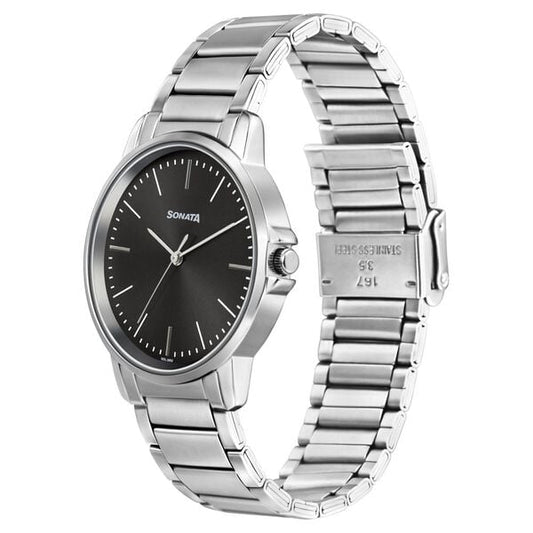 Sonata 77083SM05W Essentials Quartz Analog Grey Dial Stainless Steel Strap Watch for Men