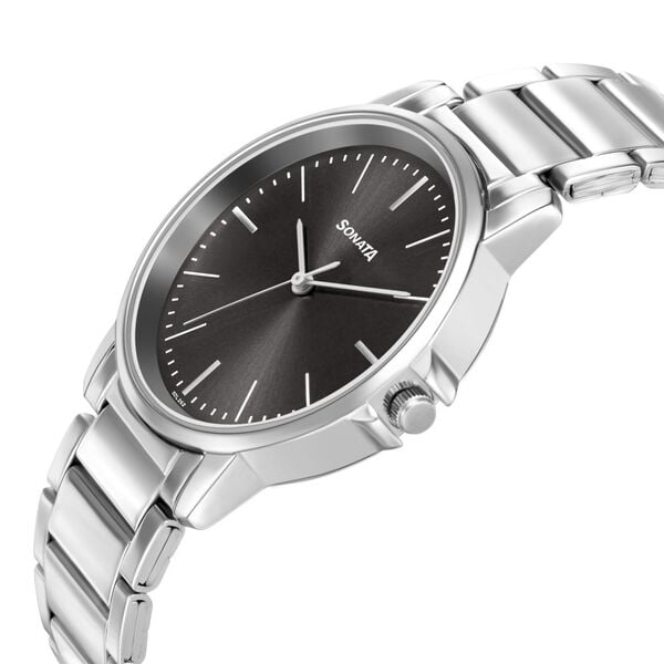 Sonata 77083SM05W Essentials Quartz Analog Grey Dial Stainless Steel Strap Watch for Men