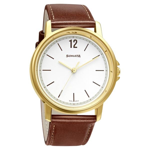 Sonata 77083YL02W Quartz Analog White Dial Brown Leather Strap Watch for Men