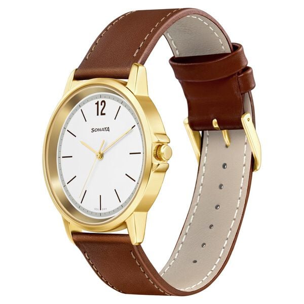 Sonata 77083YL02W Quartz Analog White Dial Brown Leather Strap Watch for Men