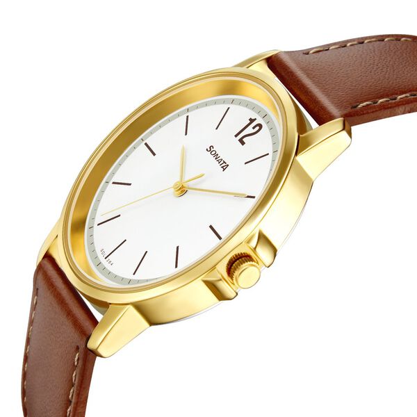 Sonata 77083YL02W Quartz Analog White Dial Brown Leather Strap Watch for Men