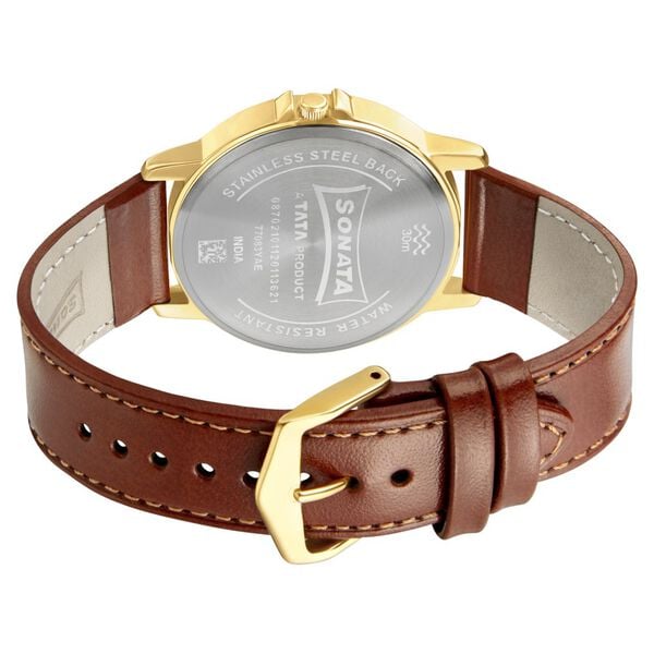 Sonata 77083YL02W Quartz Analog White Dial Brown Leather Strap Watch for Men