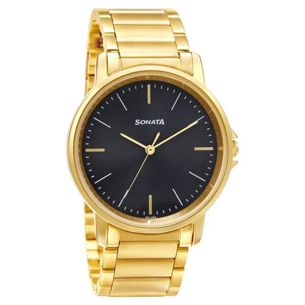 Sonata 77083YM04W Quartz Analog Grey Dial Gold Stainless Steel Strap Watch for Men