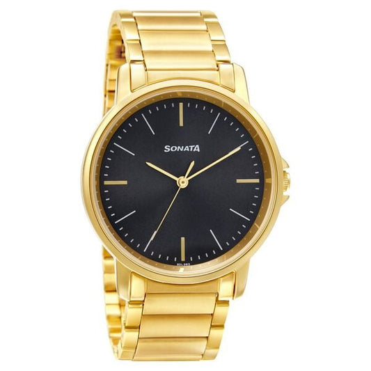 Sonata 77083YM04W Quartz Analog Grey Dial Gold Stainless Steel Strap Watch for Men