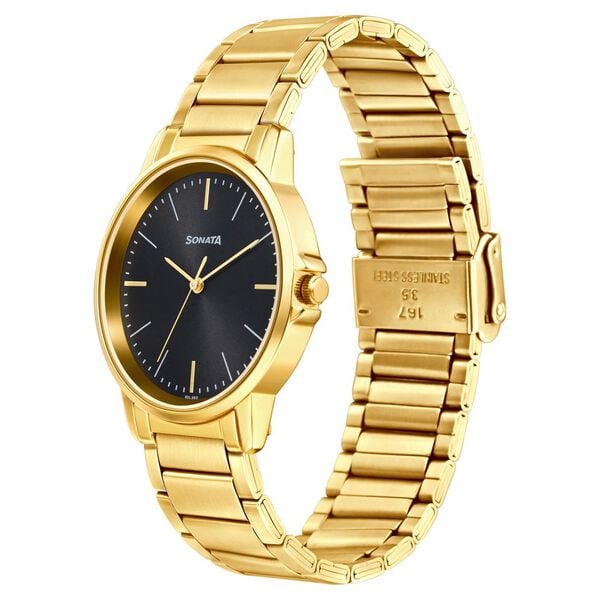 Sonata 77083YM04W Quartz Analog Grey Dial Gold Stainless Steel Strap Watch for Men
