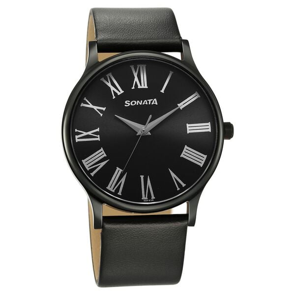 Sonata 77105NL08W Aspire Quartz Analog Black Dial Black Leather Strap Watch for Men