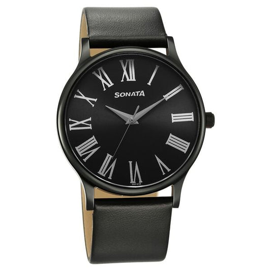 Sonata 77105NL08W Quartz Analog Black Dial Leather Strap Men’s Watch