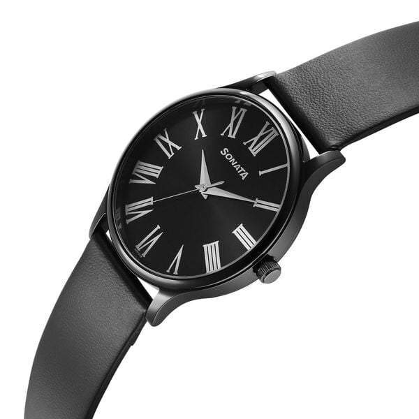 Sonata 77105NL08W Quartz Analog Black Dial Leather Strap Men’s Watch