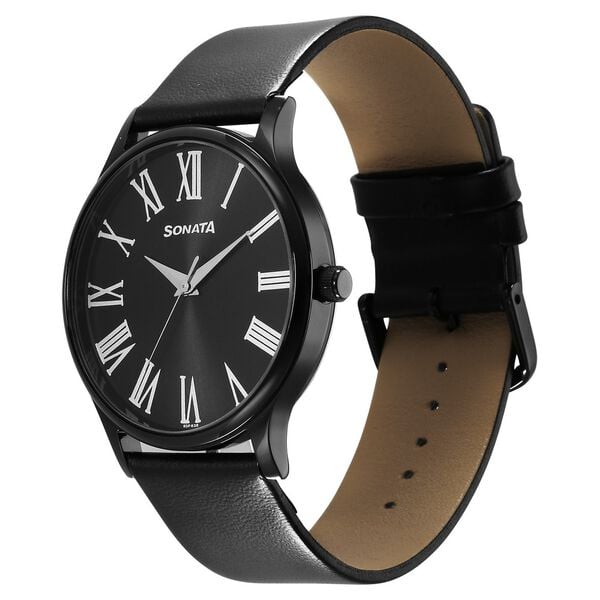 Sonata 77105NL08W Aspire Quartz Analog Black Dial Black Leather Strap Watch for Men