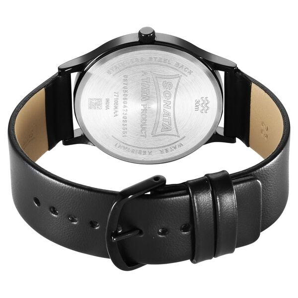 Sonata 77105NL08W Aspire Quartz Analog Black Dial Black Leather Strap Watch for Men