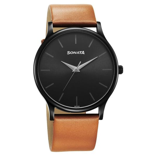 Sonata 77105NL09W Quartz Analog Black Dial Brown Leather Strap Watch for Men