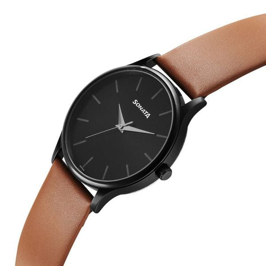 Sonata 77105NL09W Quartz Analog Black Dial Brown Leather Strap Watch for Men