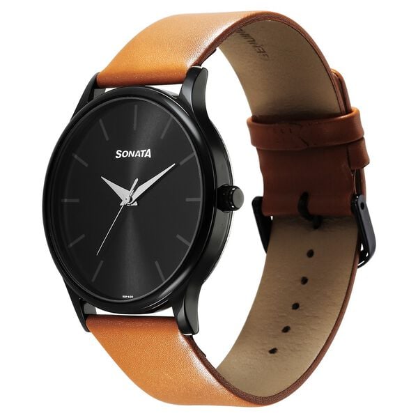 Sonata 77105NL09 Men’s Black Dial Brown Leather Analog Quartz Watch