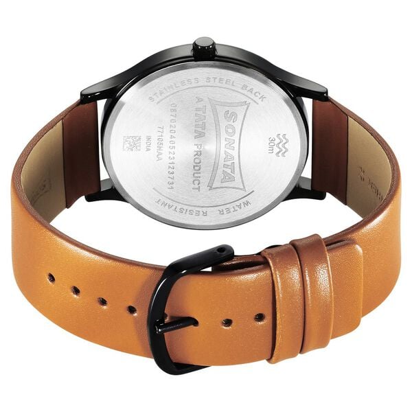 Sonata 77105NL09W Quartz Analog Black Dial Brown Leather Strap Watch for Men
