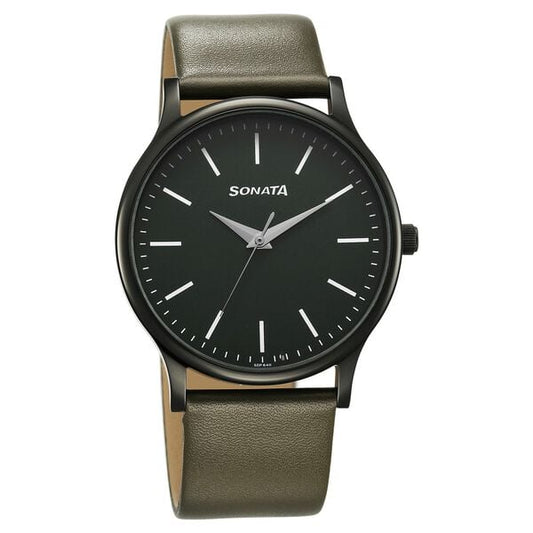 Sonata 77105NL10W Men’s Green Dial Brown Leather Analog Quartz Watch