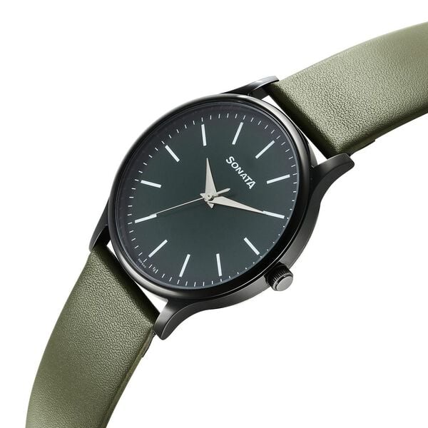 Sonata 77105NL10W Men’s Green Dial Brown Leather Analog Quartz Watch