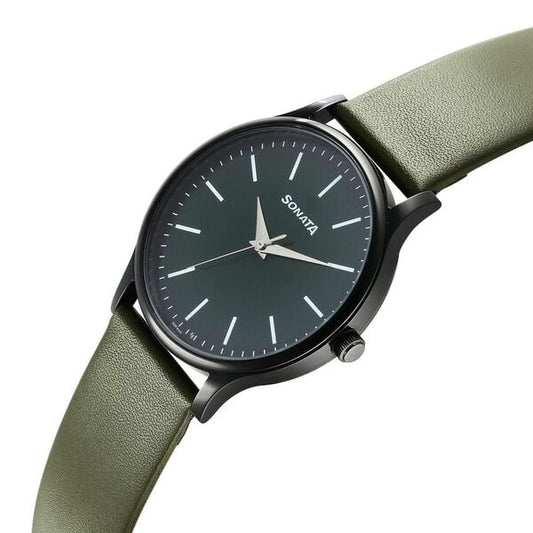 Sonata 77105NL10W Men’s Green Dial Brown Leather Analog Quartz Watch