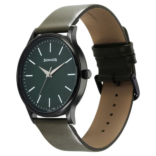 Sonata 77105NL10W Men’s Green Dial Brown Leather Analog Quartz Watch