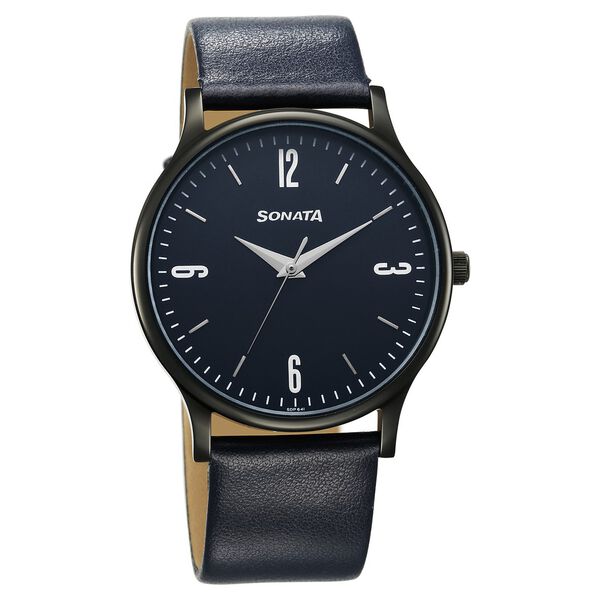 Sonata 77105NL11W Aspire Quartz Analog Blue Dial Leather Strap Men’s Watch
