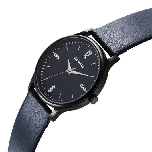 Sonata 77105NL11W Aspire Quartz Analog Blue Dial Leather Strap Men’s Watch